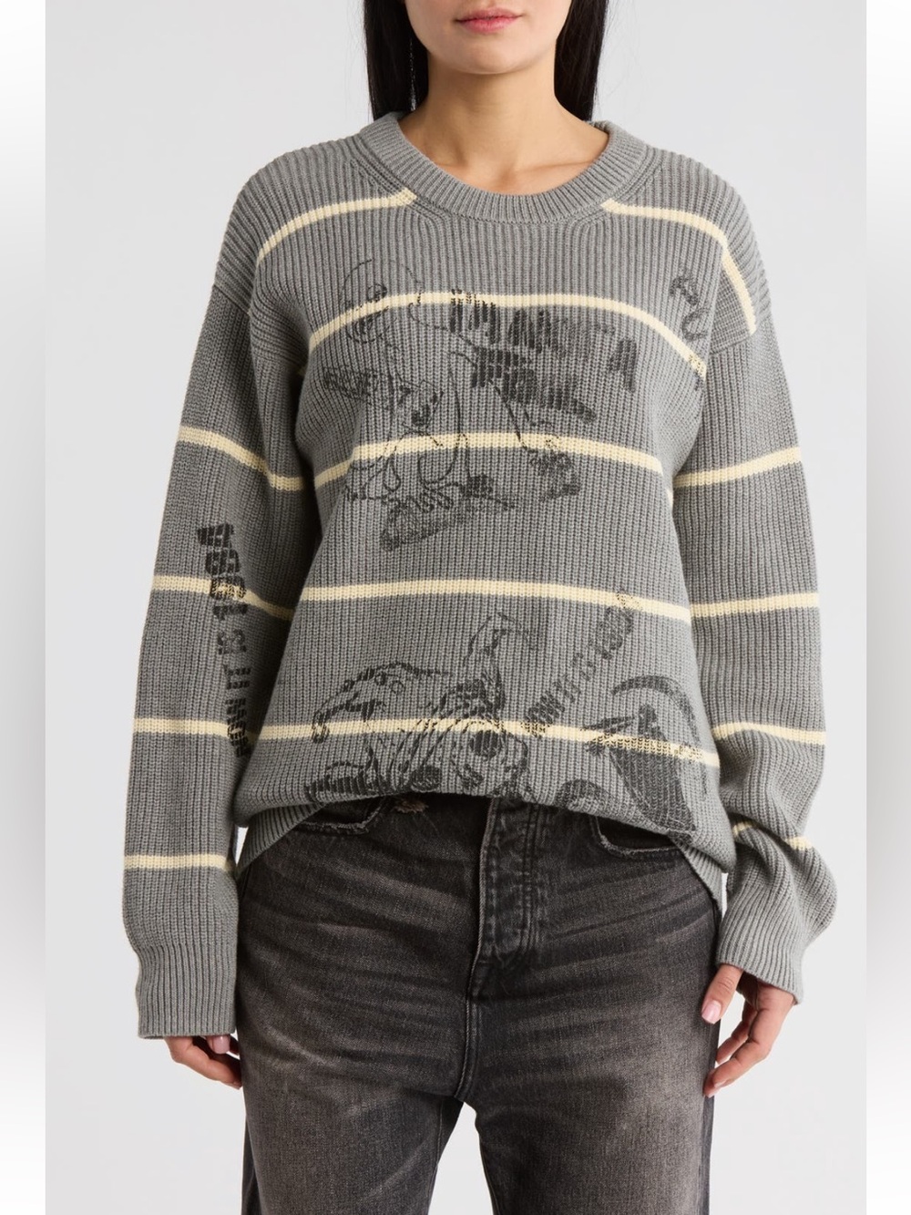 NWT R13 Striped Boyfriend Sweater in Heather Gray With Graphics Sz XS